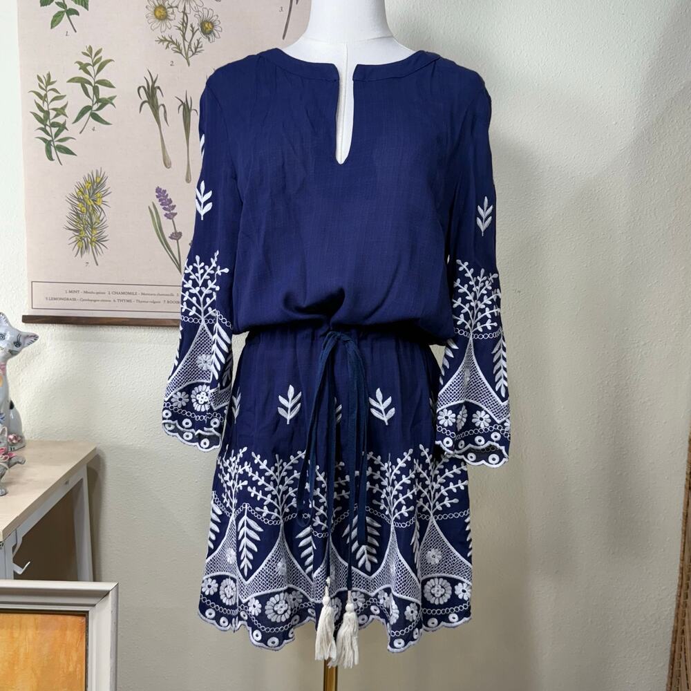 Misa LA Floral Embroidered Drawstring Tassel Mini Dress Boho Coastal Cowgirl S